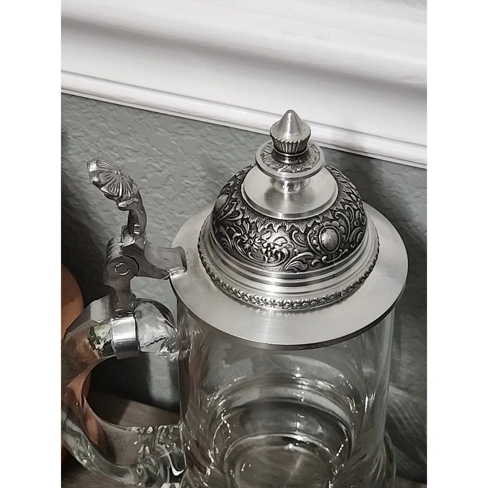 Vtg  Etched Crystal German Beer Mug Tankard Stein Glass Pheasant Pewter Lid 6.5